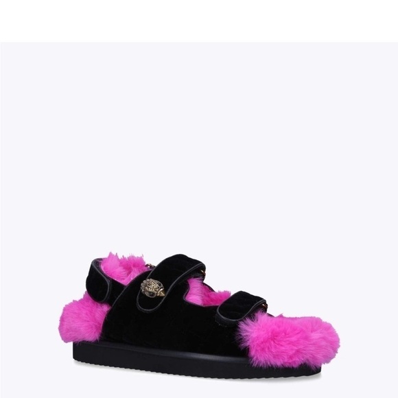 Kurt Geiger Orson Black Velvet Faux Fur Sandals - Picture 2 of 11